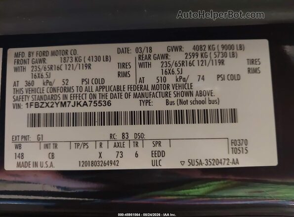 1FBZX2YM7JKA75536 2018 FORD TRANSIT-350 Black Vista del compartimento del motor