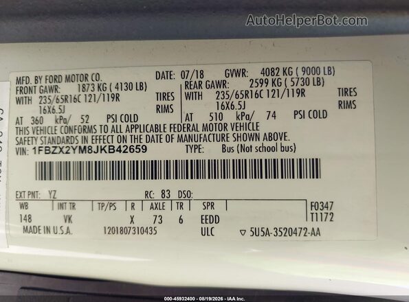 1FBZX2YM8JKB42659 2018 FORD TRANSIT-350 Белый Вид подкапотного пространства
