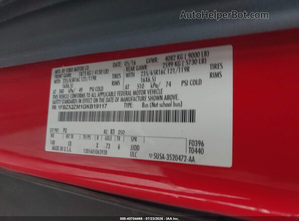 1FBZX2ZM1GKB19117 2016 FORD TRANSIT-350 Red Շարժիչի բաժամունքի տեսք