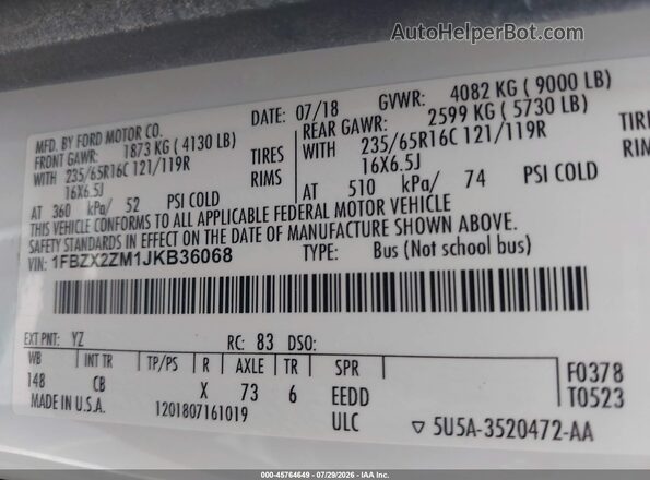 1FBZX2ZM1JKB36068 2018 FORD TRANSIT-350 White Engine compartment view