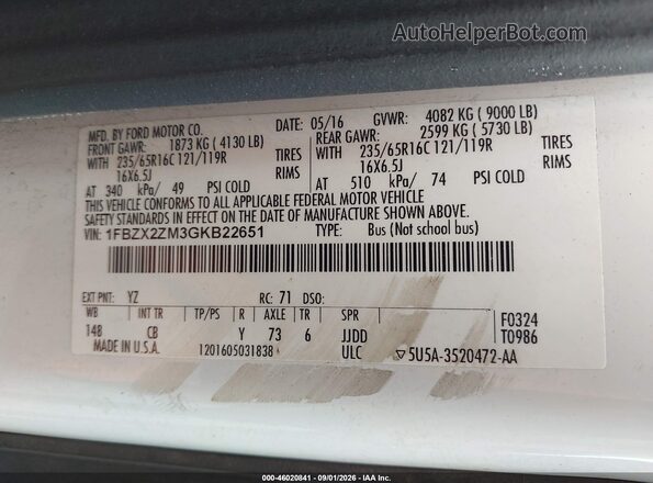 1FBZX2ZM3GKB22651 2016 FORD TRANSIT-350 White ძრავის განყოფილების ხედი