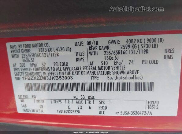 1FBZX2ZM3JKB53003 2018 FORD TRANSIT-350 Red Շարժիչի բաժամունքի տեսք