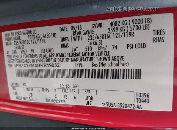 1FBZX2ZM4GKB19032 2016 FORD TRANSIT-350 Красный Вид подкапотного пространства