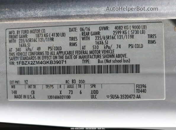 1FBZX2ZM4GKB39071 2016 FORD TRANSIT-350 White Vista del compartimento del motor