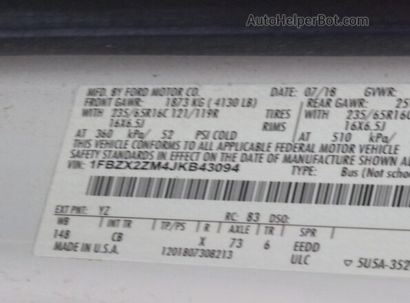 1FBZX2ZM4JKB43094 2018 FORD TRANSIT-350 Белый Вид спереди