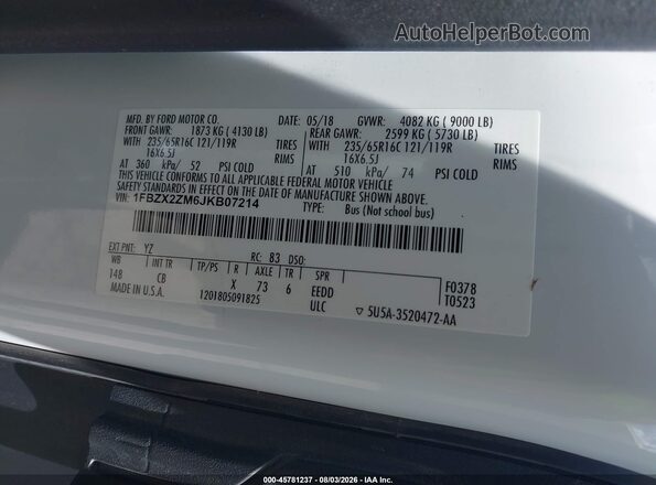 1FBZX2ZM6JKB07214 2018 FORD TRANSIT-350 Белый Вид подкапотного пространства