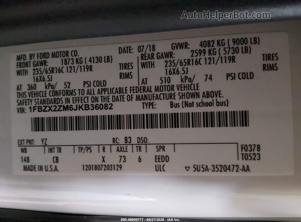 1FBZX2ZM6JKB36082 2018 FORD TRANSIT-350 White Widok komory silnika