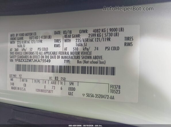1FBZX2ZM7JKA75549 2018 FORD TRANSIT-350 White Vista del compartimento del motor