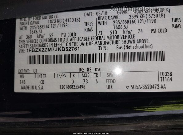 1FBZX2ZM7JKB52761 2018 FORD TRANSIT-350 Черный Вид подкапотного пространства