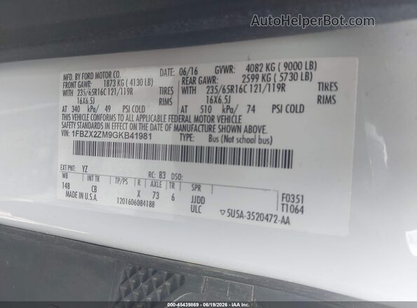 1FBZX2ZM9GKB41981 2016 FORD TRANSIT-350 White Вид підкапотного простору