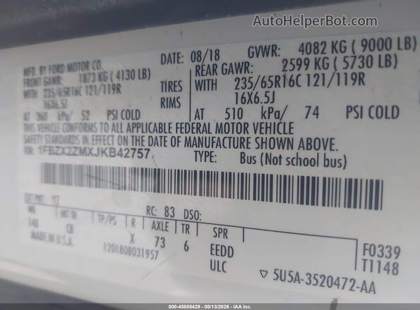 1FBZX2ZMXJKB42757 2018 FORD TRANSIT-350 White Vista del compartimento del motor