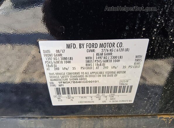 1FM5K7B84HGD90191 2017 FORD EXPLORER Black Vista de la etiqueta del VIN