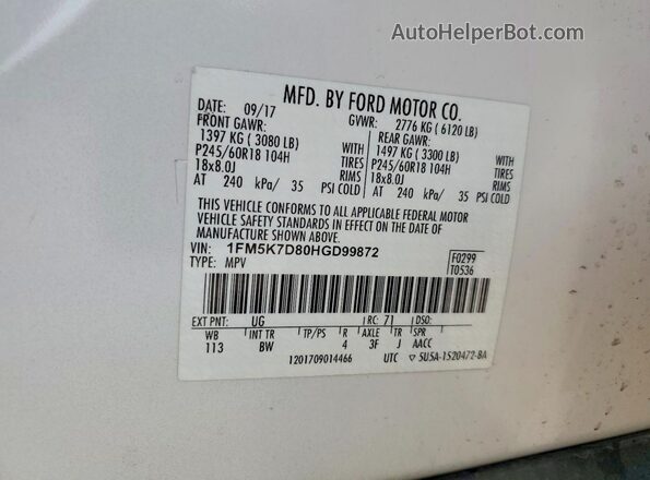 1FM5K7D80HGD99872 2017 FORD EXPLORER White Widok naklejki z numerem VIN