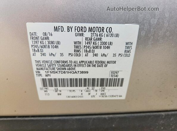 1FM5K7D81HGA73899 2017 FORD EXPLORER Silver Widok naklejki z numerem VIN