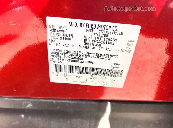 1FM5K7D83GGA85986 2016 FORD EXPLORER Burgundy VIN sticker view