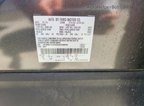 1FM5K7D83GGC04930 2016 FORD EXPLORER Gray VIN sticker view