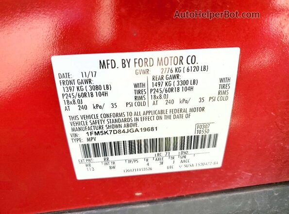 1FM5K7D84JGA19681 2018 FORD EXPLORER Red VIN sticker view