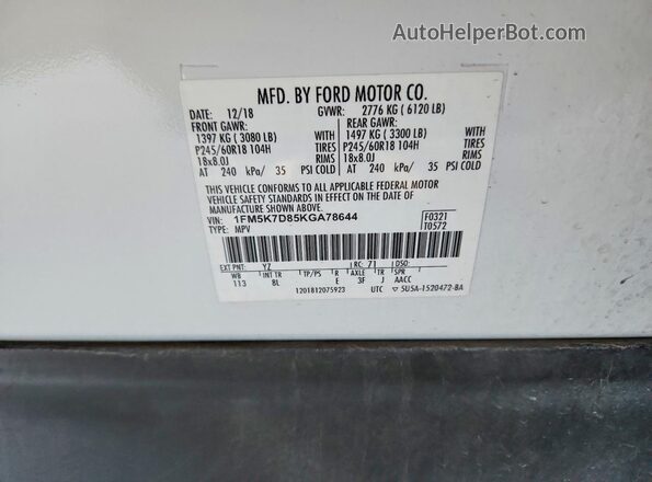 1FM5K7D85KGA78644 2019 FORD EXPLORER White VIN კოდის სტიკერის ხედი