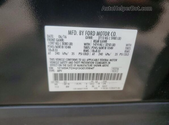 1FM5K7DH2GGD35847 2016 FORD EXPLORER Black Widok naklejki z numerem VIN
