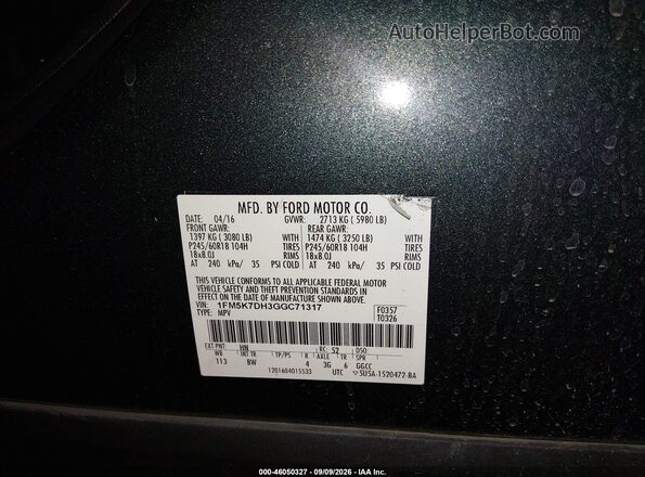 1FM5K7DH3GGC71317 2016 FORD EXPLORER Зеленый Вид подкапотного пространства