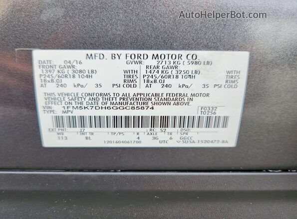 1FM5K7DH6GGC85874 2016 FORD EXPLORER Gray VIN կոդի պիտակի տեսք