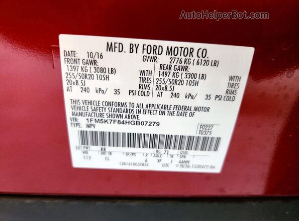 1FM5K7F84HGB07279 2017 FORD EXPLORER Burgundy Widok naklejki z numerem VIN