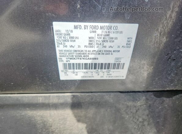 1FM5K7F87KGA93093 2019 FORD EXPLORER Gray VIN sticker view