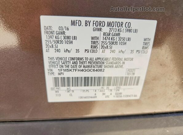 1FM5K7FH4GGC64082 2016 FORD EXPLORER Brown Widok wnętrza 360 stopni