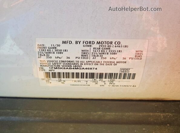 1FM5K8AB4MGA46874 2021 FORD EXPLORER White VIN կոդի պիտակի տեսք