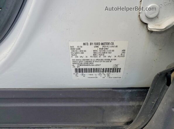 1FM5K8AB5LGA82927 2020 FORD EXPLORER White VIN կոդի պիտակի տեսք