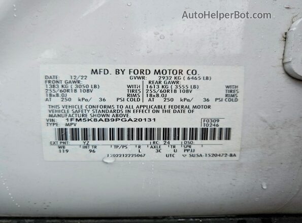 1FM5K8AB9PGA20131 2023 FORD EXPLORER White VIN კოდის სტიკერის ხედი