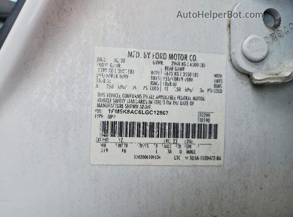 1FM5K8AC6LGC12867 2020 FORD EXPLORER Белый Вид наклейки с VIN-кодом