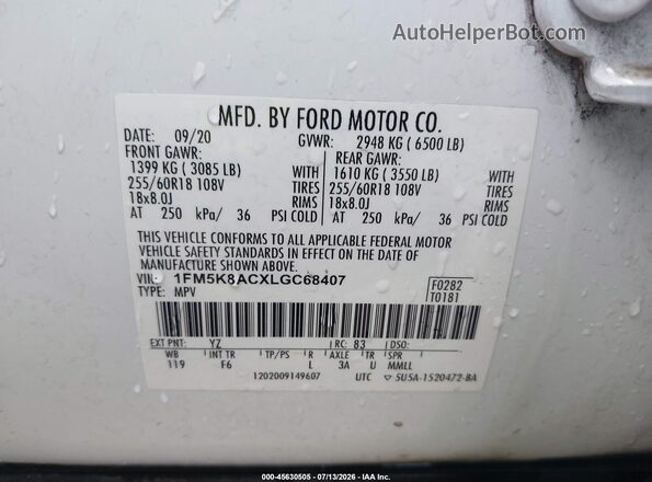 1FM5K8ACXLGC68407 2020 FORD POLICE INTERCEPTOR White Vista del compartimento del motor