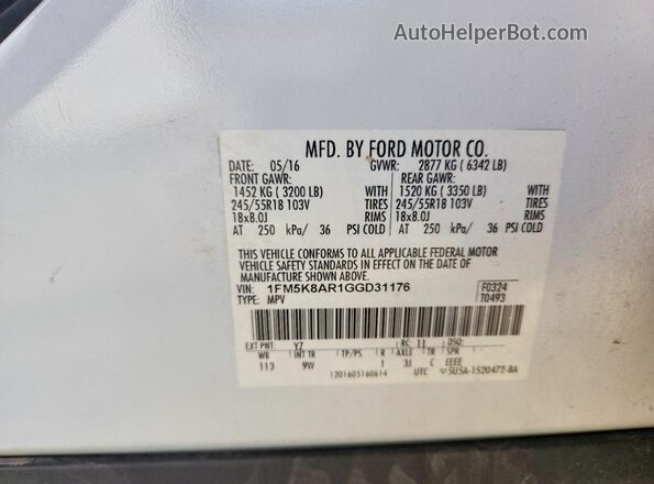 1FM5K8AR1GGD31176 2016 FORD EXPLORER Белый Вид наклейки с VIN-кодом