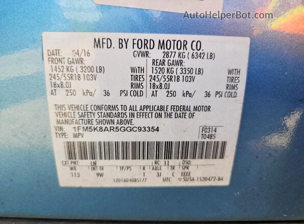 1FM5K8AR5GGC93354 2016 FORD EXPLORER Blue VIN კოდის სტიკერის ხედი