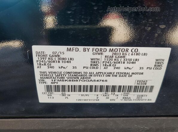 1FM5K8B87GGA54765 2016 FORD EXPLORER Black VIN sticker view
