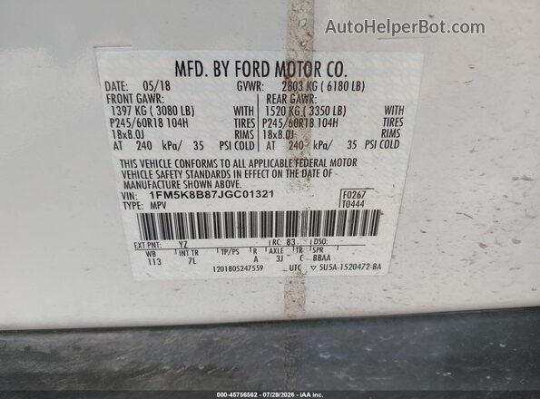 1FM5K8B87JGC01321 2018 FORD EXPLORER White Vista del compartimento del motor
