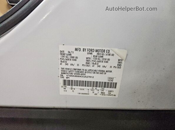 1FM5K8B89GGA27812 2016 FORD EXPLORER White Вид наклейки з VIN-кодом