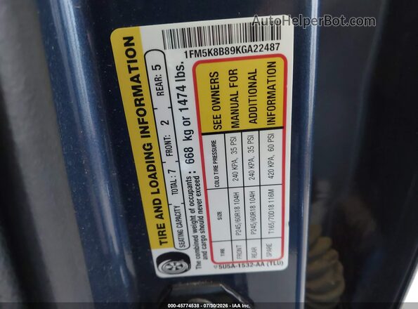 1FM5K8B89KGA22487 2019 FORD EXPLORER Blue Вид підкапотного простору