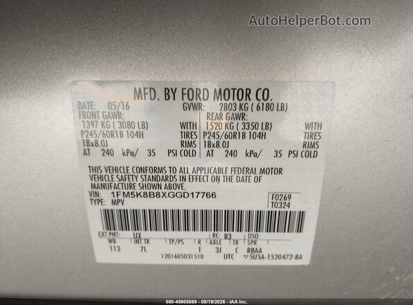 1FM5K8B8XGGD17766 2016 FORD EXPLORER Silver Widok komory silnika