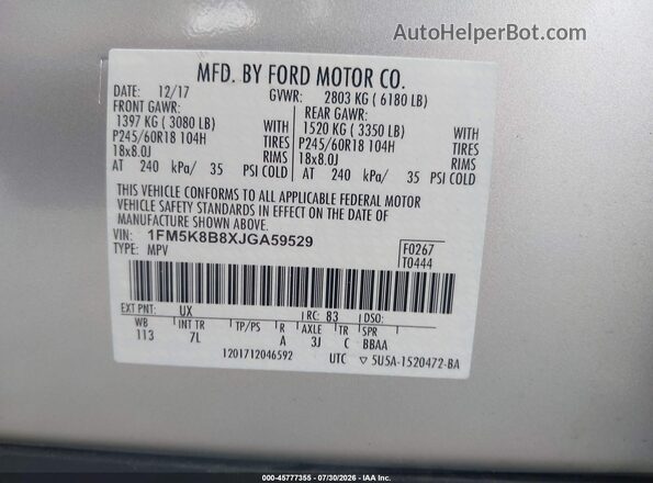 1FM5K8B8XJGA59529 2018 FORD EXPLORER Серебряный Вид подкапотного пространства