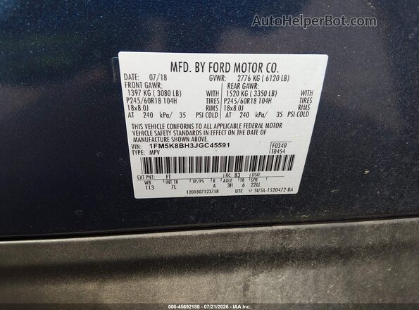 1FM5K8BH3JGC45591 2018 FORD EXPLORER Blue ძრავის განყოფილების ხედი