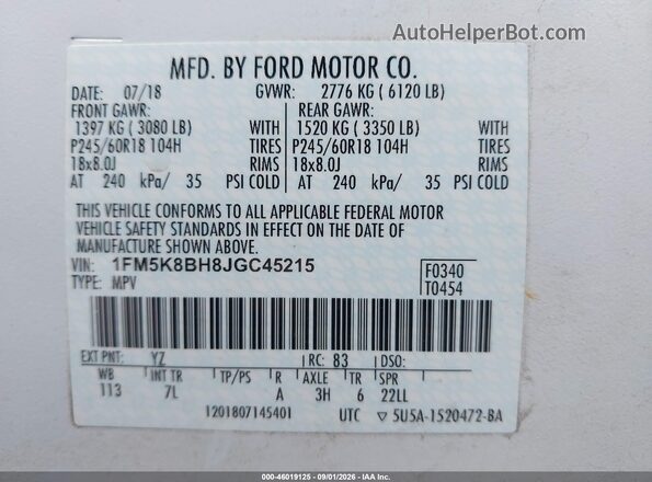 1FM5K8BH8JGC45215 2018 FORD EXPLORER White Vista del compartimento del motor