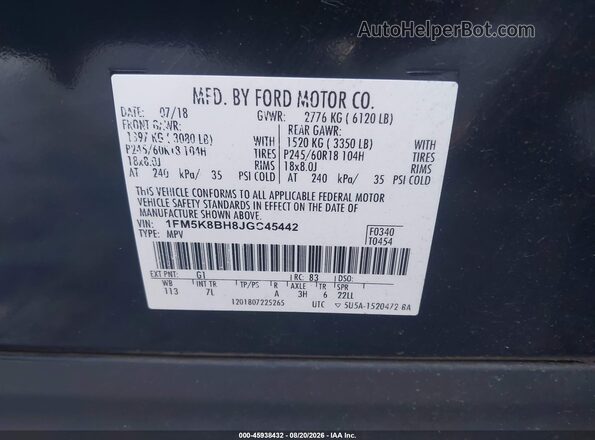 1FM5K8BH8JGC45442 2018 FORD EXPLORER Black Vista del compartimento del motor