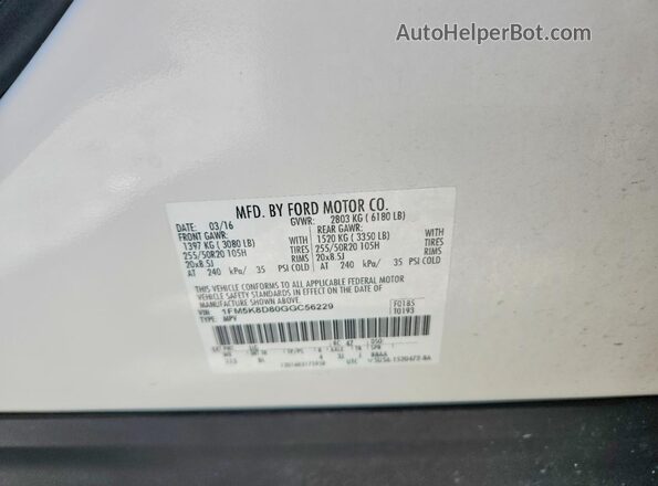 1FM5K8D80GGC56229 2016 FORD EXPLORER White Widok naklejki z numerem VIN