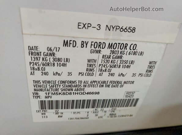 1FM5K8D81HGD46698 2017 FORD EXPLORER Белый Вид наклейки с VIN-кодом
