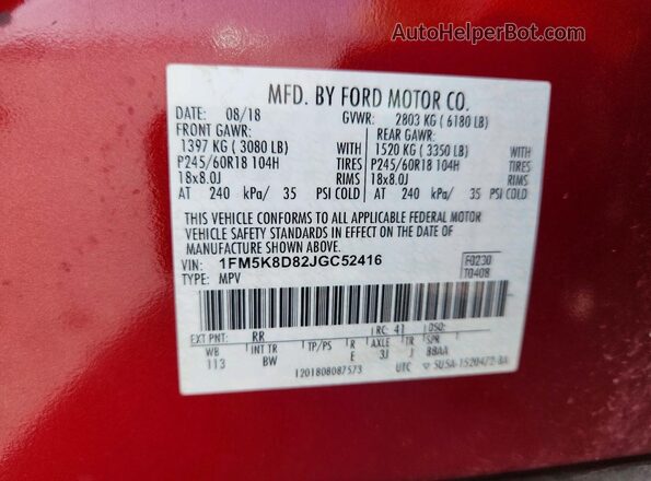 1FM5K8D82JGC52416 2018 FORD EXPLORER Red Vista de la etiqueta del VIN