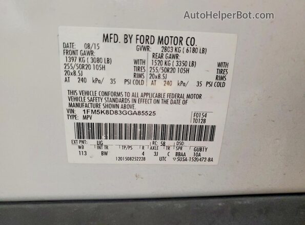1FM5K8D83GGA85525 2016 FORD EXPLORER White Vista de la etiqueta del VIN