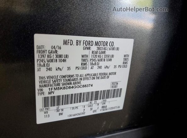 1FM5K8D84GGC88374 2016 FORD EXPLORER Gray Vista de la etiqueta del VIN