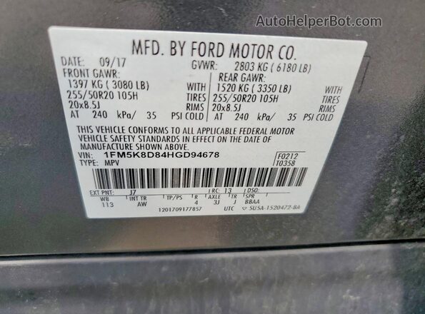 1FM5K8D84HGD94678 2017 FORD EXPLORER Gray VIN sticker view